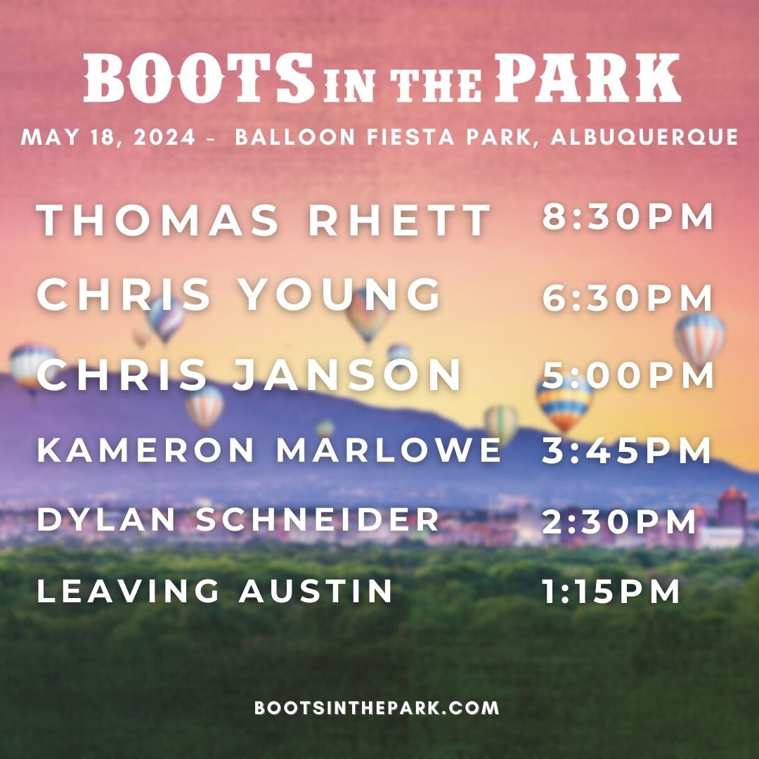 Who's ready to party like we're on vacation, ALBUQUERQUE!!! Don't miss this KILLER lineup at #BootsInThePark 🥳🙌 @thomasrhettakins @chrisyoungmusic @thechrisjanson @kameronmarlowe @dylanschneidermusic @leavingaustin #country #countrymusic #newmexico #musicfestival