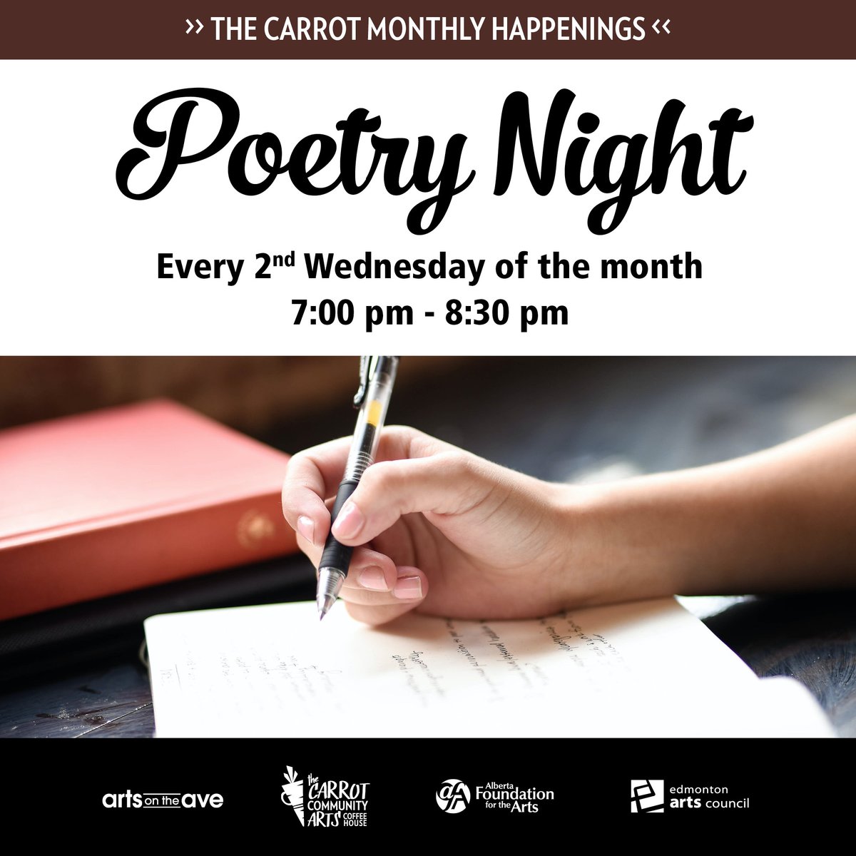Rhythm, drama, catharsis—come share at our open mic style poetry night today at 7 PM! 

#yegwriters #openmic #poetry #poetrynight #TheCarrot118 #ArtsOnTheAve