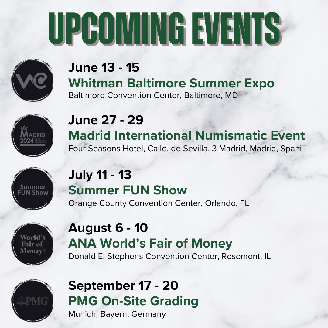 Summer is nearly here, and with it comes a season full of numismatic shows PMG is excited to attend! Check out this reference to make sure you don’t miss any shows PMG will be attending, or visit our Events page at PMGnotes.com/submit/events. We look forward to seeing you!