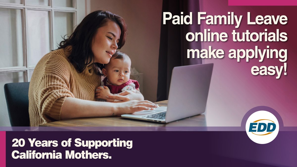 Hey, Moms! Now there is an easier way to learn how to apply for Paid Family Leave. Watch step-by-step videos’ on how to apply for benefits through online video tutorials on the Paid Family Leave website! To view, visit edd.ca.gov/Mothers #PaidFamilyLeave