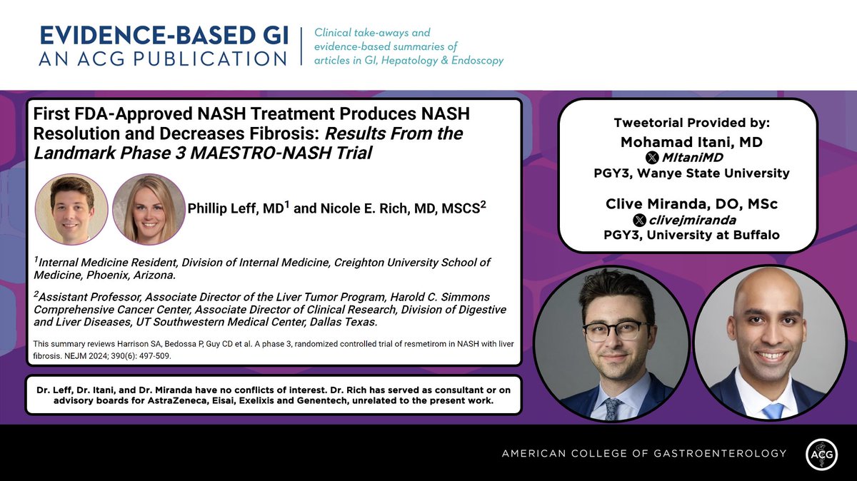 Evidence-Based GI: An ACG Publication (EBGI) (@acg_ebgi) on Twitter photo 1/ ⏰ for #EBGI🧵w/<a href="/MItaniMD/">Mohamad I. Itani, MD</a> & <a href="/clivejmiranda/">Clive Miranda, DO, MSc</a>!
“First FDA-Approved NASH Treatment Produces NASH Resolution and Decreases Fibrosis: Results From the Landmark Phase 3 MAESTRO-NASH Trial”
📜bit.ly/3QzabLX
🎧bit.ly/4bn45q2
📰bit.ly/3UQgL2j
#GITwitter 1/ ⏰ for #EBGI🧵w/<a href="/MItaniMD/">Mohamad I. Itani, MD</a> & <a href="/clivejmiranda/">Clive Miranda, DO, MSc</a>!
“First FDA-Approved NASH Treatment Produces NASH Resolution and Decreases Fibrosis: Results From the Landmark Phase 3 MAESTRO-NASH Trial”
📜bit.ly/3QzabLX
🎧bit.ly/4bn45q2
📰bit.ly/3UQgL2j
#GITwitter