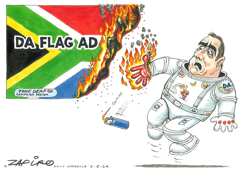 Zapiro cartoon published @dailymaverick (7 May2024) on Hot Topic @Democraticalliance @johnsteenhuisen #Election2024-zapiro.com/240507dm
