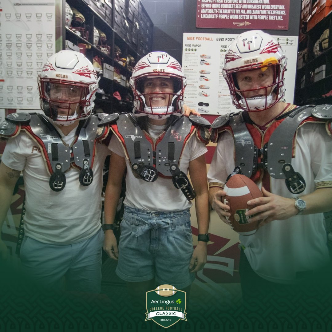 We’ll have a hard time keeping these three off the field this August! 😁🏈 Our 2024 Game Ambassadors @Ian_madigan, @HannahTyrrell21 and @CKKilkenny93 jumped at the opportunity to try on some American Football equipment when we visited @FSUFootball! #MuchMoreThanAGame |