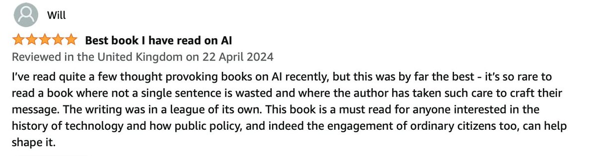 Blown away by these user reviews of AI Needs You. For a book that aims to encourage more people to get involved in AI comments like 'let's get to work', 'I really hope [it makes people] realise they have a say in where they want [AI] to go' & 'left me hopeful' couldn't be better.