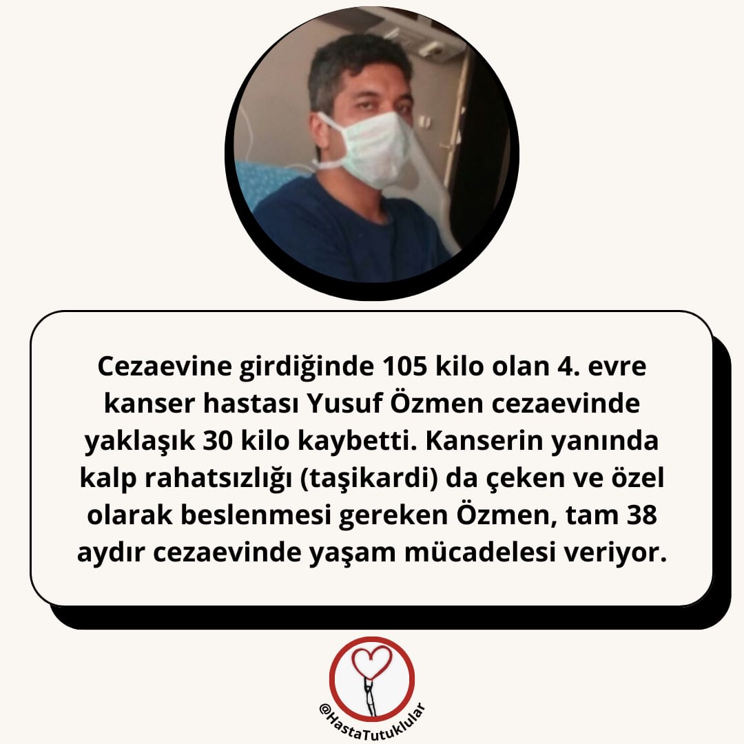 Yusuf ÖZMEN 4. Evre kanser hastası Özmen'e, @ADLITIPKURUMU hastalığının 'SÜREKLİ' olduğuna dair rapor verdi. Yani akciğer metastazı olan kanser hastası cezaevi koşullarında kalamaz dedi ama hâlâ tahliye edilmiyor! @adalet_bakanlik YusufÖzmene AcilTahliye