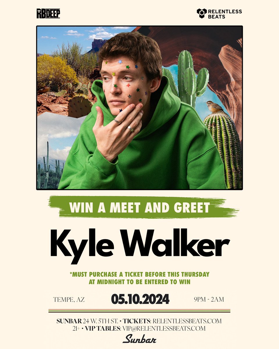 GIVEAWAY 💚🪩 We’re going groovin’ with @Kylewalkersongs THIS FRIDAY at his Sunbar debut! We’re giving one lucky winner the chance to meet the groove master himself! Purchase a ticket by this Thursday at midnight for your chance to win 🎟️ tixr.com/e/96495
