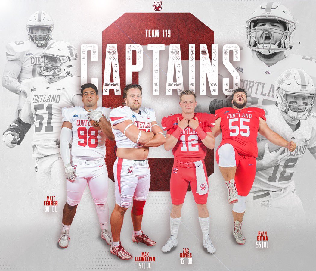 We are proud to announce the Captains for Team 119. Congratulations to these 4 men! Zac Boyes 🔴SR QB from Kenmore West HS Matt Ferrer ⚪️SR DL from John Jay Cross River HS Ryan Bitka 🔴SR OL from Amherst HS Max Llewellyn ⚪️SR DL from Sayville HS #DragonRising