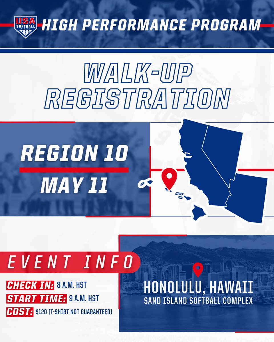 𝗚𝗼𝗼𝗱 𝗻𝗲𝘄𝘀! 🎉 Walk-up registrations 𝙬𝙞𝙡𝙡 be available for the Region 10 #HPP Identifier in Honolulu, Hawaii 𝘁𝗵𝗶𝘀 𝗦𝗮𝘁𝘂𝗿𝗱𝗮𝘆 ‼️ 𝘔𝘰𝘳𝘦 𝘪𝘯𝘧𝘰 → go.usasoftball.com/HPP0511