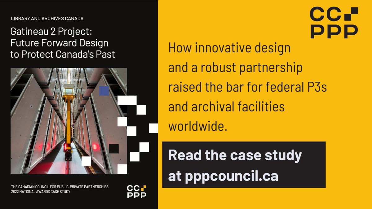 pppcouncil's tweet photo. CCPPP's case study on Library and Archives Canada is now available.
Learn how innovative design features and a strong partnership set a new benchmark for #P3s and archival facilities worldwide.
Thanks to @PlenaryAmericas and Infrastructure Canada for ongoing research support. https://t.co/J6UDohXZvc
