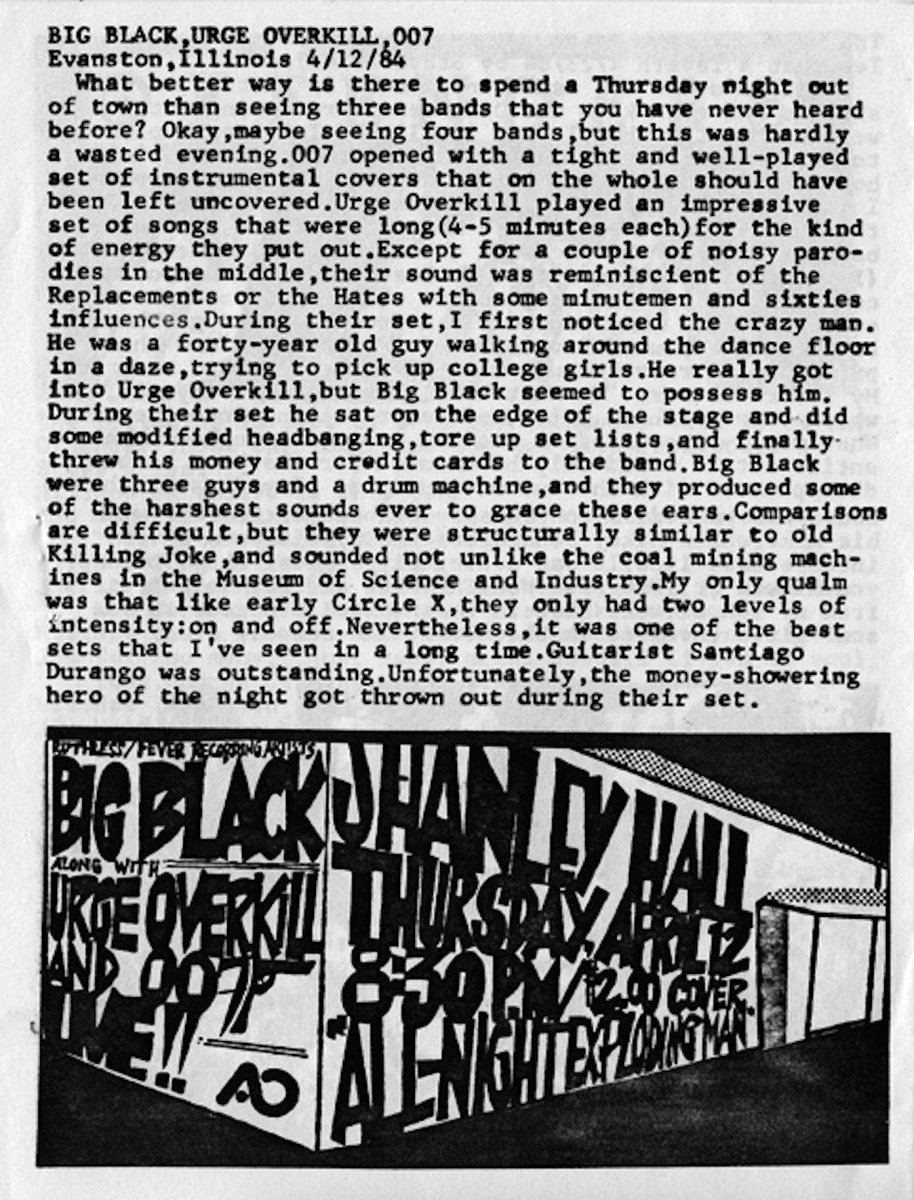 Review of Big Black playing on Northwestern's campus in spring 1984 from my high school fanzine Hit the Trail (nice flyer by Steve).