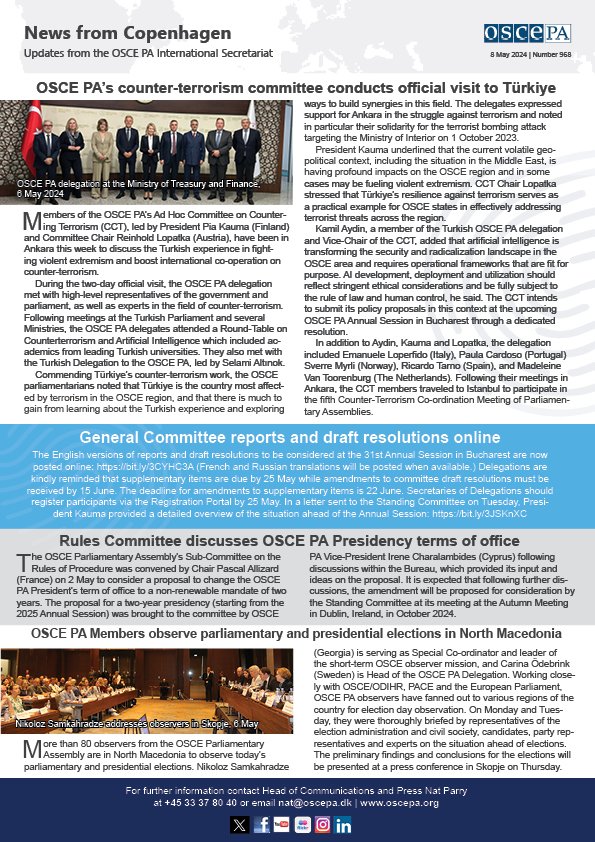 NfC 968: OSCE PA’s #counterterrorism committee visits #Türkiye; General Committee reports and draft resolutions online; Rules Committee discusses OSCE PA Presidency term; #OSCEPA Members observe elections in #NorthMacedonia ▶️ oscepa.org/en/news-a-medi…
