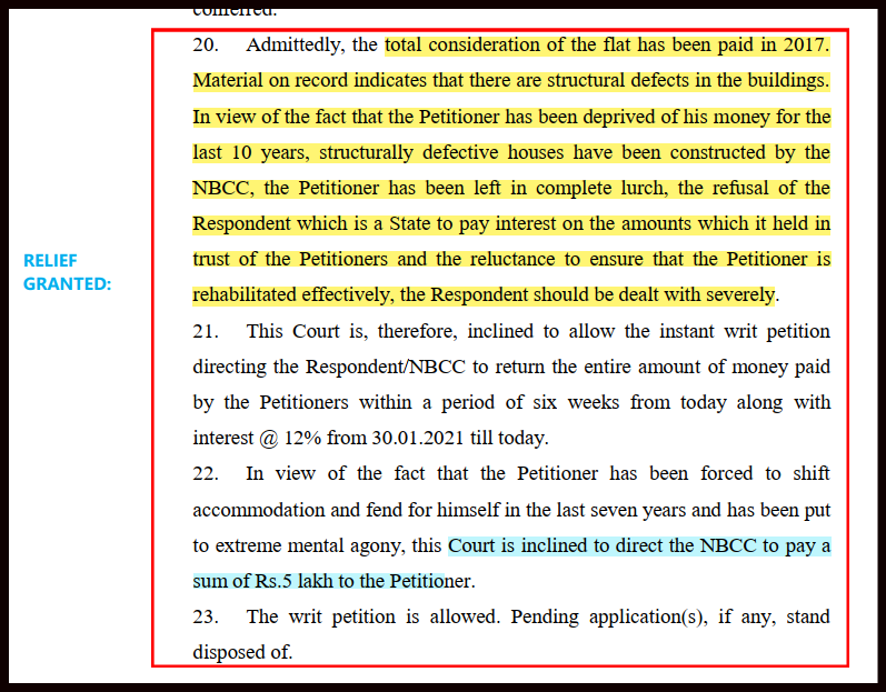 Look what DHC observed today while granting relief to a homebuyer who had spent almost ~77 Lacs in purchasing property from a govt. building company.

Link:

http://164.100.69.66/jsearch/judgement.php?path=dhc/SMP/judgement/08-05-2024/&name=SMP08052024CW8242023_195859.pdf