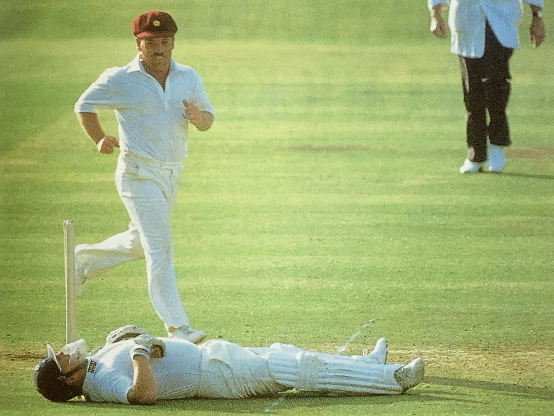 The supine batsman is David 'Bluey' Bairstow, doubtless reflecting on having been run out in the 1987 B&H Final against Northants - the inevitable disappointment would only have been temporary though, as although the scores ended level Yorkshire won by losing fewer wickets