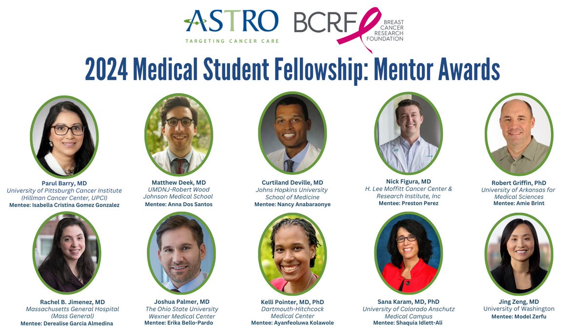 Mentors of awardees receive the ASTRO-@BCRFcure Medical Student Fellowship: Mentor Award, which recognizes their dedication to supporting the education and training of early career physicians and scientists. astro.org/patient-care-a…