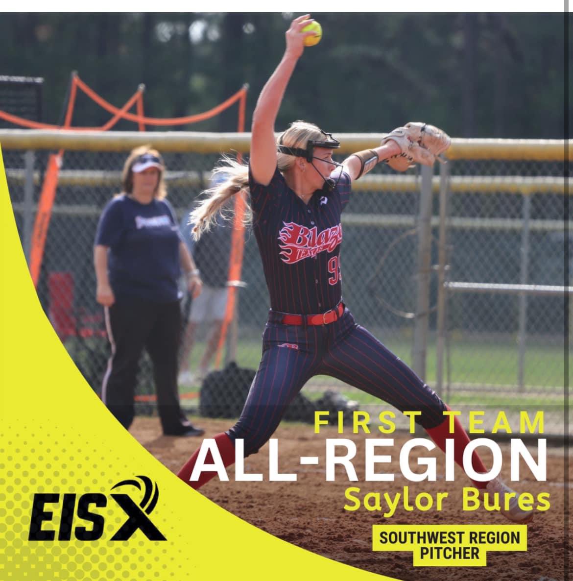 Way to go Saylor on being selected First Team All-Region Pitcher from Extra Inning Softball! #BlazeOn