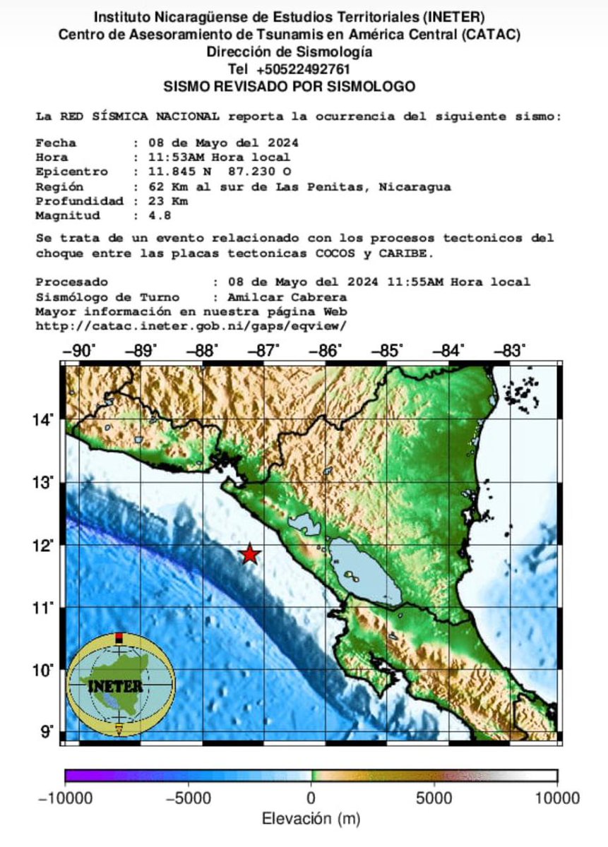 ℹ️ INETER reporta un sismo de magnitud 4.8 con una profundidad de 24 km, localizado a 62 km al sur de Las Peñitas. 🚨 

#Sismo #ALERTA