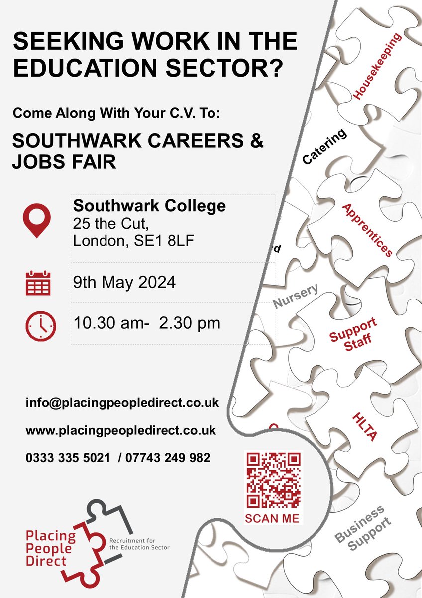 Looking for a career in the education sector? Come meet our recruitment team at the Southwark Job Fair on THURSDAY 9th May 2024.
#EducationSector #EducationCareer #JobSearch #SchoolJobs #NurseryJobs #DaycareJobs #PlacingPeopleDirect #LondonJobs #CareerGoals