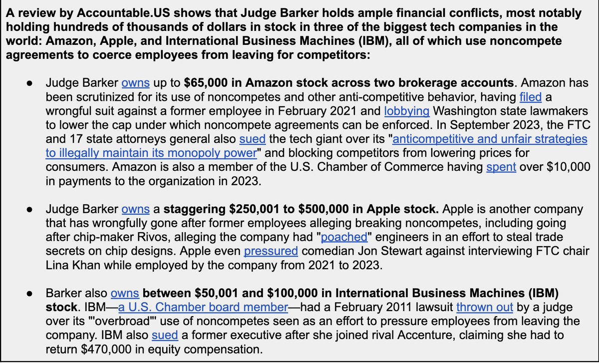 Hey look, it's another judge hearing a Chamber of Commerce case trying to kick out Biden rules (in this case the noncompete ban) that has hundreds of thousands of dollars of stock in companies with a direct interest in the case! accountable.us/wp-content/upl…