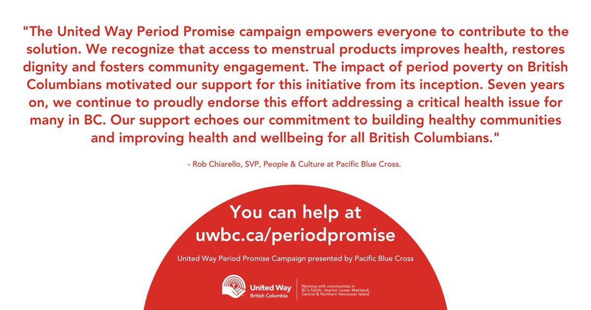 Due to lack of access to period products, people who menstruate will often stay home and bleed in private. This means missed opportunities to learn, work, contribute or enjoy life. You can help: uwbc.ca/period-promise/ #UnitedWayBC #PeriodPoverty #PeriodPromise @pacbluecross