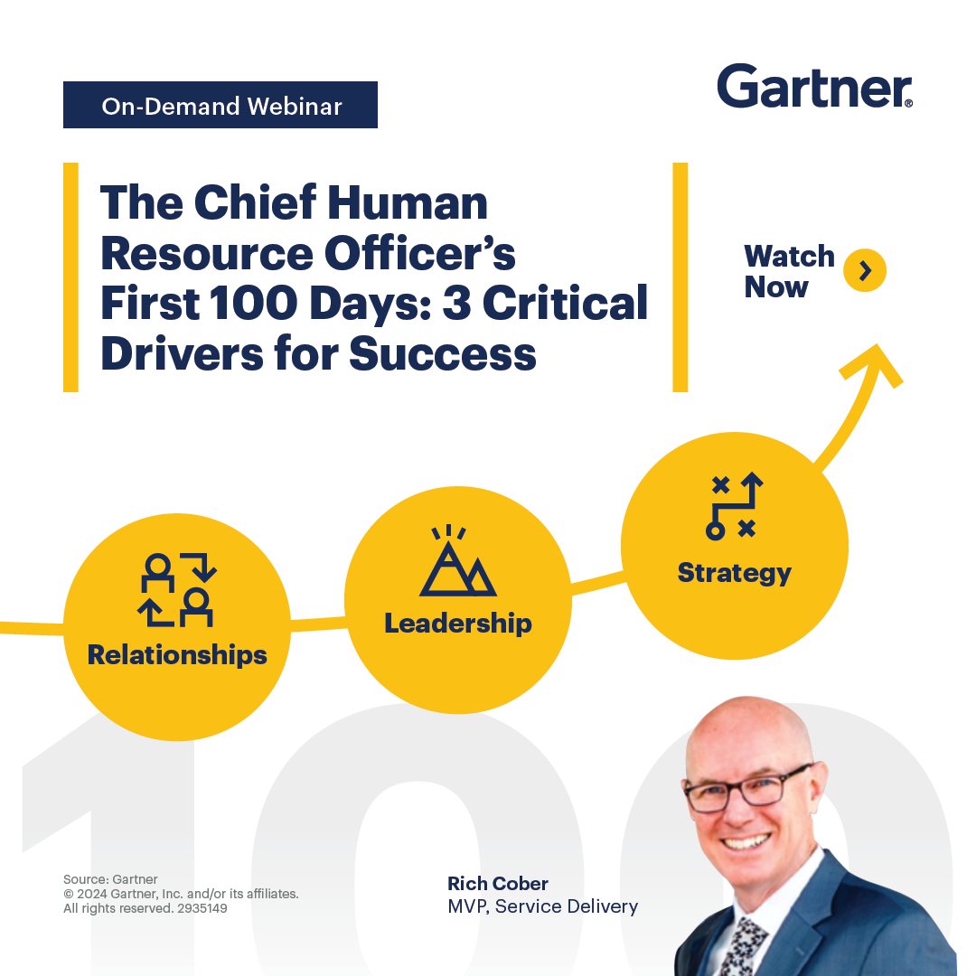 Whether you’re a new CHRO or an experienced CHRO, what you do during your first 100 days will determine how successful you will be in making your impact.

To gain immediate insight, watch our complimentary webinar: gtnr.it/4bhB1jU

#GartnerHR #CHRO #HR #NewRole