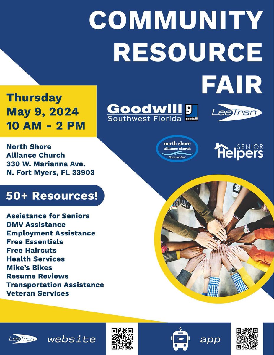 Check out this Community Resource Fair! #teamLCSO will partner with Goodwill SWFL to provide resources such as assistance for seniors, haircuts, resume review, and more! See you tomorrow, May 9th from 10a-2p at North Shore Alliance Church in North Fort Myers!