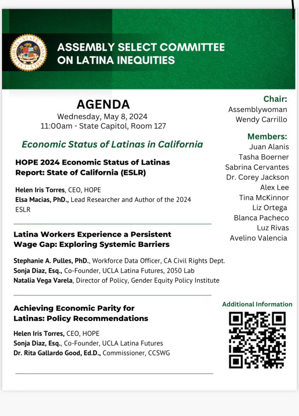 Happening Now: Assembly Select Committee on Latina Inequities hearing on the Economic Status of Latinas in CA. @HelenIrisTorres and author of HOPE’s #ESRLCA Dr. Elsa Macias will speak on our report’s findings. TY to committee chair @AsmCarrillo for holding this critical space.