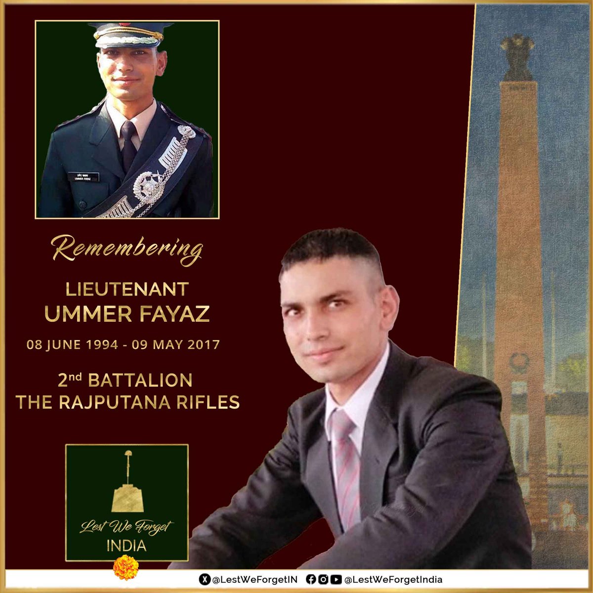 SEVEN years to date A young 23-year-old #IndianBrave snatched in the prime of his life & service #LestWeForgetIndia🇮🇳 The dastardly targeted attack on Lt Ummer Fayaz, 2 RAJ RIF, kidnapped and killed by terrorists in Shopian, J&K #OnThisDay 09 May in 2017 Gone, not forgotten🏵️