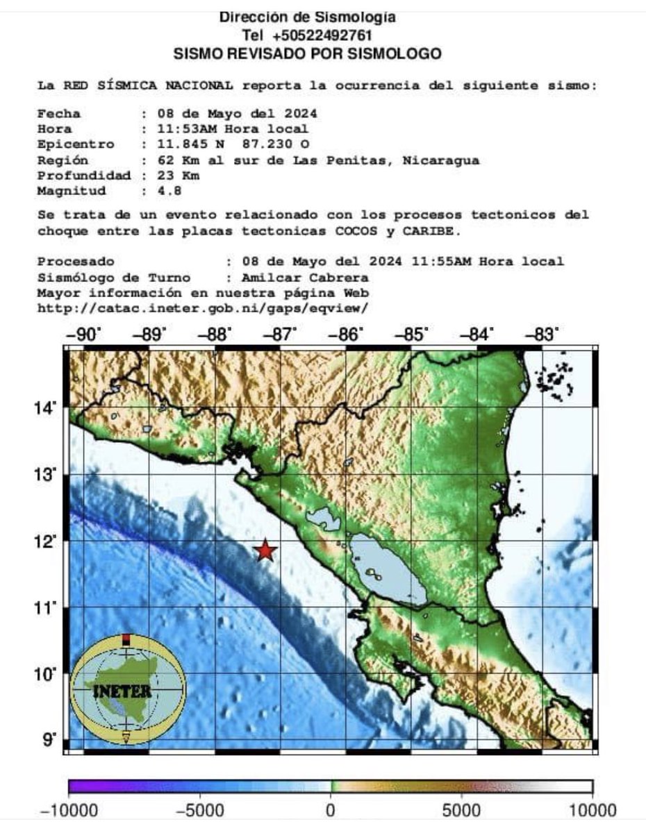 INETER reporta sismo de magnitud 4.8 al Sur de las Peñitas, Leon, Nicaragua.