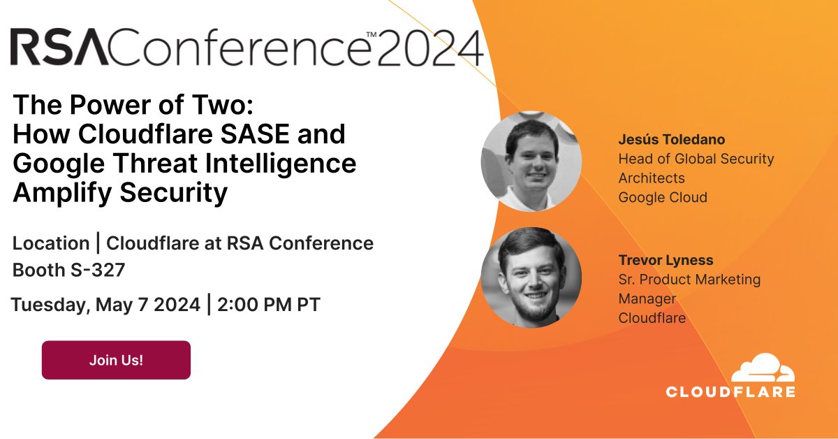 Join @googlecloud's Head of Global Security Architects and Cloudflare’s Sr. PMM for Threat Intelligence to learn how these companies work together to amplify your security posture. Don’t miss this informative session, happening today at 2PM in booth S-327. #RSAC #CloudflareRSAC