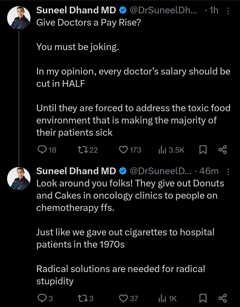 Dr Dhand is speaking the truth. I recently had a cancer surgeon tell me that if he was diagnosed with cancer he would 'eat anything and everything'. 

This was his way of trying to convince me to take their poison.

#fuckcancer #cancer #CancerCare
@DrSuneelDhand
