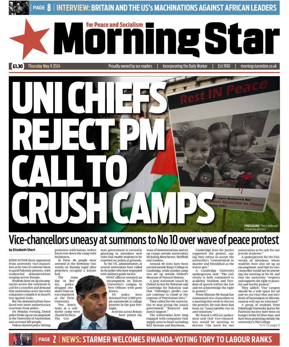 Tomorrow's front page: UNI CHIEFS REJECT PM CALL TO CRUSH CAMPS - Vice-chancellors uneasy at summons to No 10 over wave of peace protest