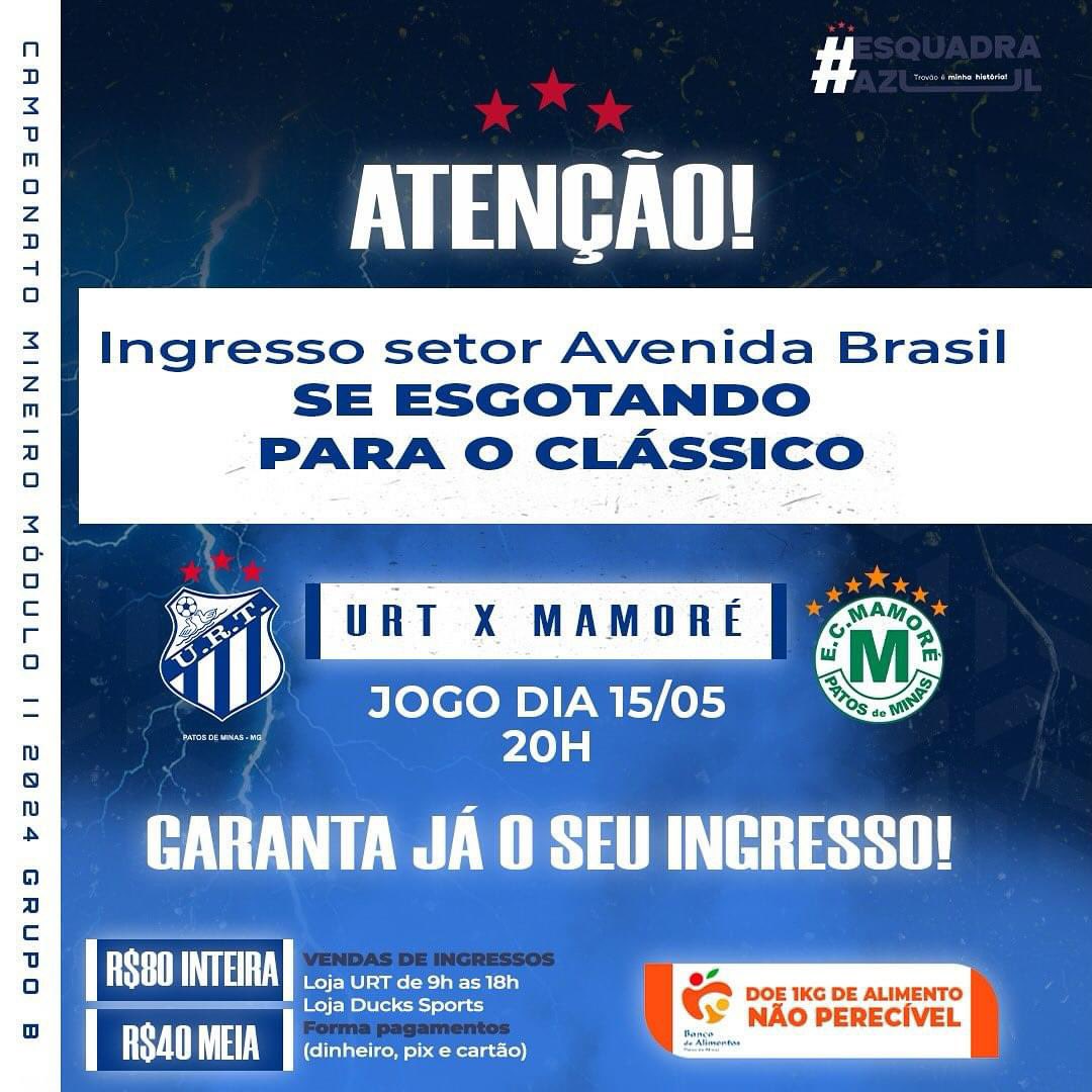 URT_oficial's tweet photo. 🚨🎟️ ATENÇÃO! Ingressos no Setor Av. Brasil se Esgotando para o Clássico do milho🌽 ! 🎟️🚨
Garanta já o seu!
🆚 @ec_mamore
📅 15/05
🏟 #ArenaDB
⏰ 20h00
Não perca a oportunidade de viver essa emoção de perto! Vamos lotar o a Arena DB e apoiar #TrovaoAzul!
#urt
#EsquadraAzul https://t.co/s0dsuDYQrd
