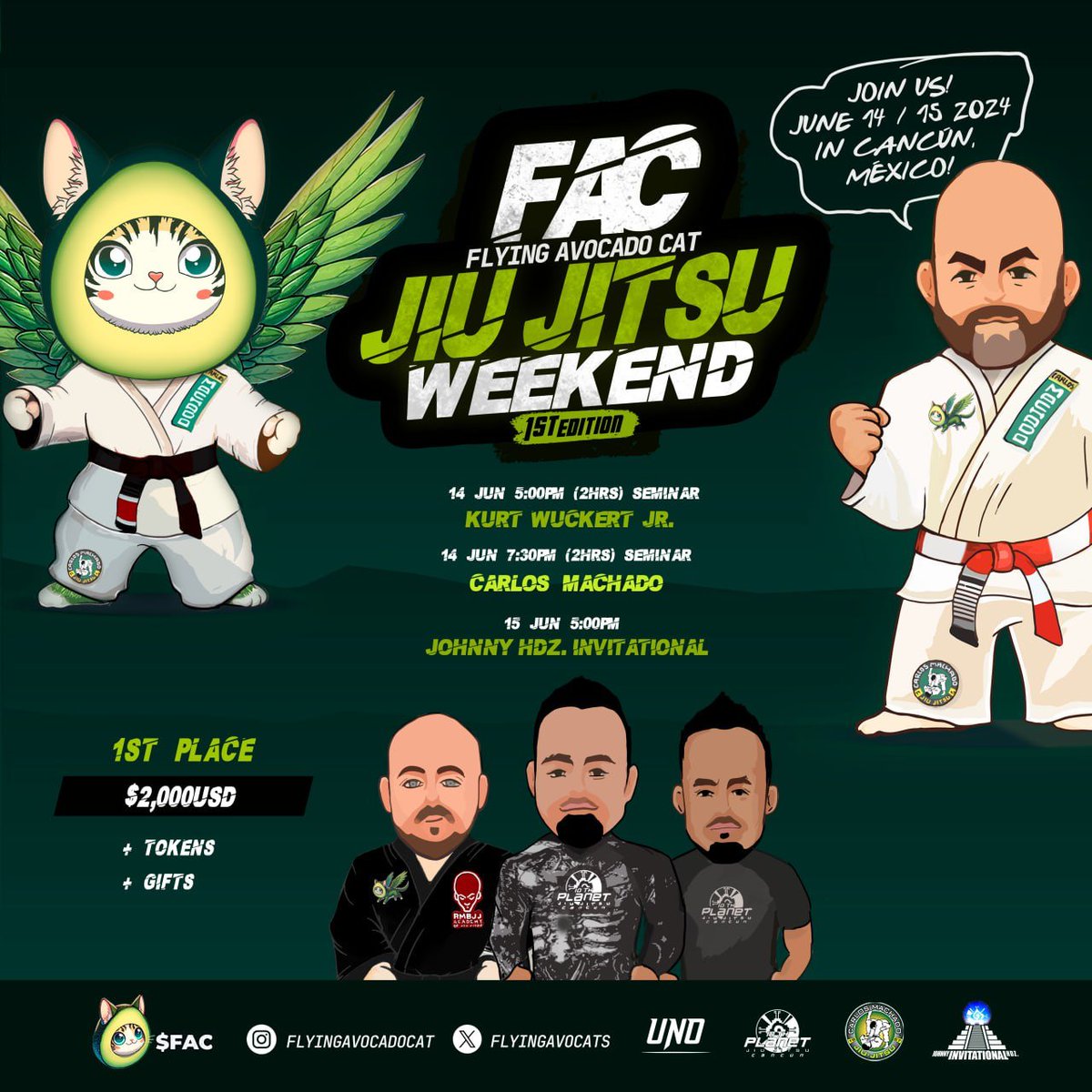 Book your weekend in Cancun for a $FAC Jiu-Jitsu Masterclass!

When? June 14-15, 2024
Are there prizes? Yes
Who are the trainers? The best in the field

Get ready for a unique experience! 🥋😺

#FlyingAvocadoCat