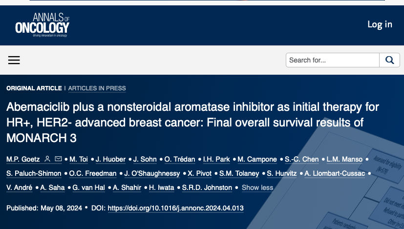 The MONARCH 3 trial Addition of abemaciclib to a nonsteroidal aromatase inhibitor (NSAI) as initial therapy for hormone receptor-positive, 🧬HER2-negative advanced #BreastCancer ✅ Significantly improved PFS and showed clinically meaningful improvement in OS ➡️ particularly