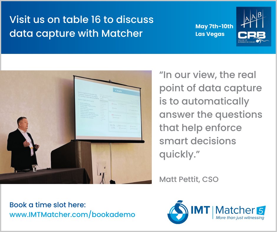 IMT_Matcher's tweet image. “In our view, the real point of data capture is to automatically answer the questions that help enforce smart decisions quickly.” Matt Pettit, CSO

Book a demo time slot to discuss data capture with Matcher or visit us on table 16 #aabcrb2024

lnkd.in/eayBg6Hf
#ivfsoftware
