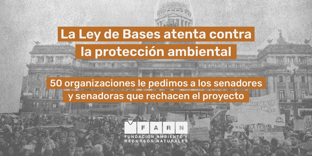 No a la aprobación de la Ley Bases | Junto a 50 organizaciones de la sociedad civil, le enviamos una carta a senadores y senadoras para pedirles que rechacen el proyecto ya que atenta contra la protección ambiental vigente🧵 farn.org.ar/organizaciones…