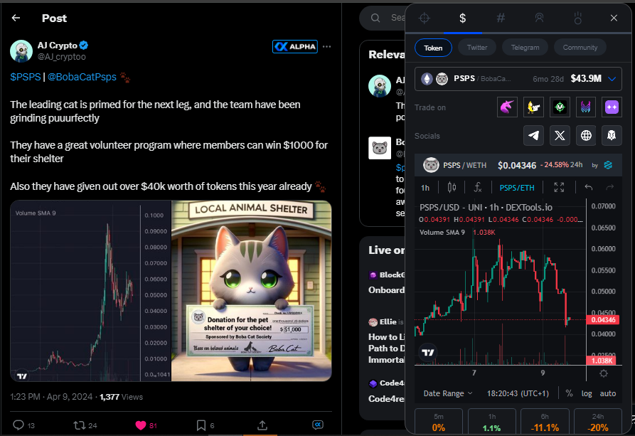DaaCrypto1104's tweet photo. Don't miss updates on $PSPS. Stay informed with the $XALPHA extension. Track tokens you're interested in and do your research with ease using @XAlphaAI_Team. #Simply_Use_XALPHA #AI https://t.co/ZFLHOhvXNU