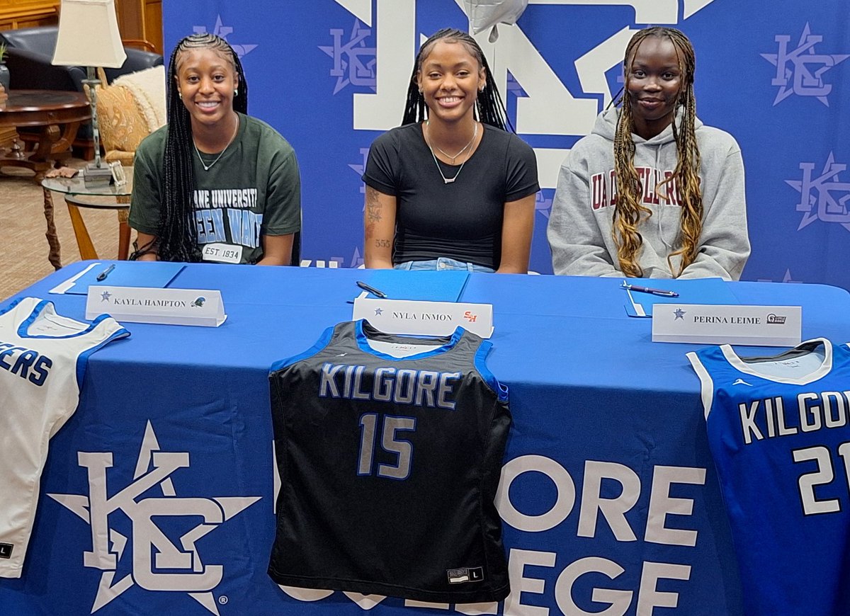 Congratulations to Kilgore College basketball standouts Kayla Hampton (Tulane), Nyla Inmon (Sam Houston State) and Perina Lieme (Arkansas Little Rock) on signing to play at the next level.