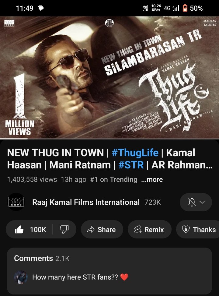 #Thuglife Thalaivan Promo 1.4M Views ✅ 100K Likes 🔥 @SilambarasanTR_ #SilambarasanTR