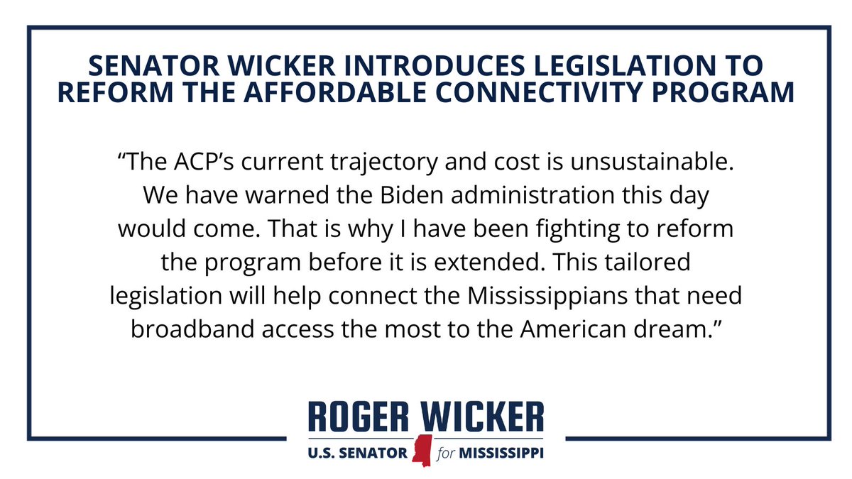 I joined colleagues in introducing legislation that would reform the Affordable Connectivity Program (ACP). This effort would also fund the program through the end of the year, giving lawmakers more time to find a permanent solution. (1/3) 🔗bit.ly/ACPIntroduction