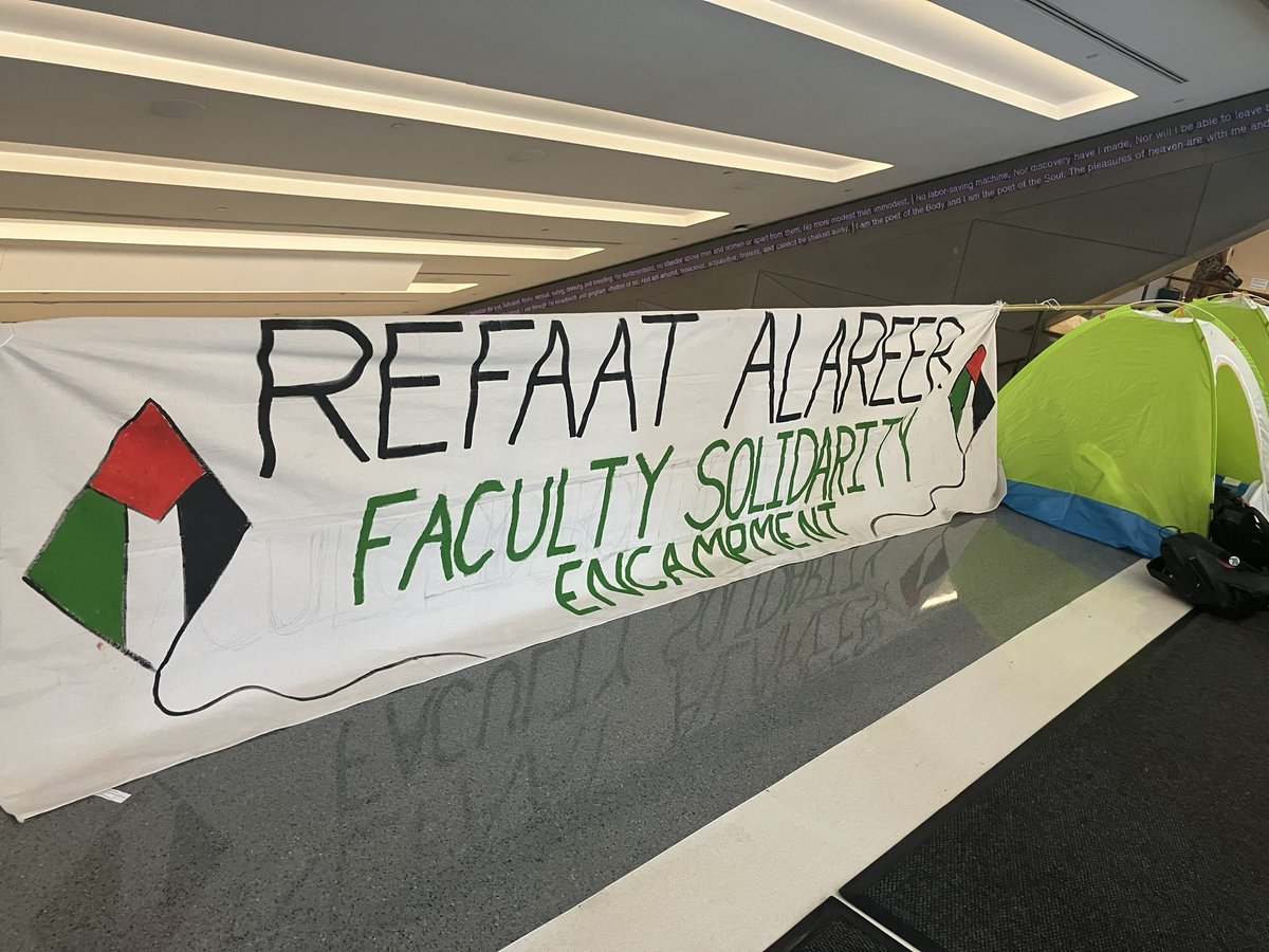 We’re so back… autonomous New School faculty, in support of our students and their demands, the first faculty solidarity encampment in the nation, named after Refaat Alareer ♥️…