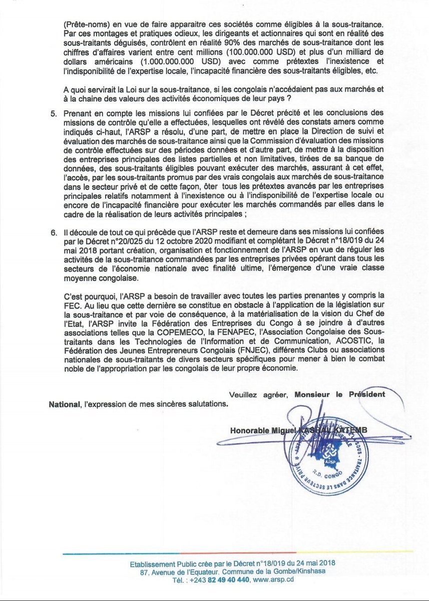 RDC - Recommandations des sous-traitants : L'ARSP apporte des éclaircissements à la FEC sur la légalité des listes envoyées aux entreprises À travers une lettre adressée à la Fédération des entreprises du Congo, dont une copie destinée au chef de l’Etat Félix-Antoine Tshisekedi…