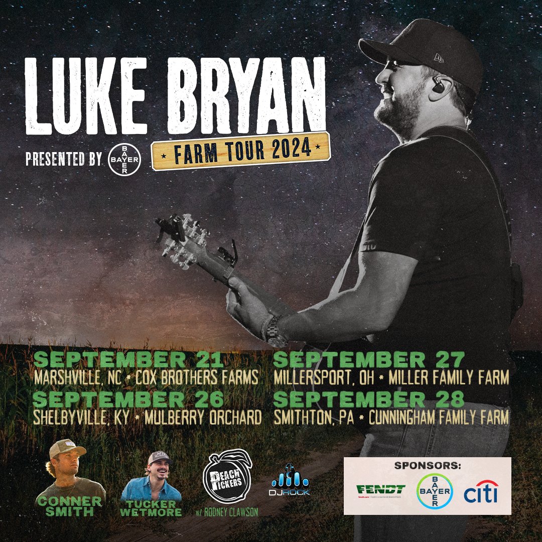 Tickets are available NOW for Luke Bryan Farm Tour 2024 is coming to Western PA's own Cunningham Family Farm in Smithton on Sept. 28th! Pre-sale tickets with code: LOVEYOU24 Details and tickets available at lukebryan.com