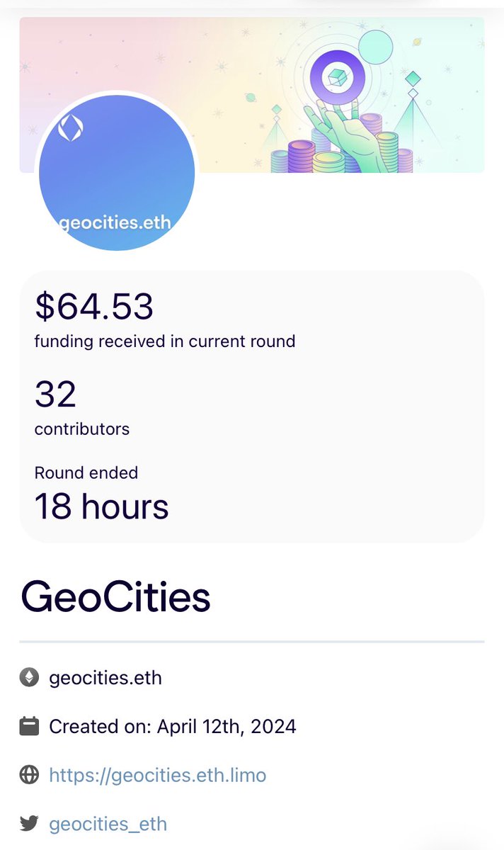 Thank you to the 32 contributors for their donations and support of GeoCities®️ in the @gitcoin #GG20 @ENS_DAO identity round

🙏