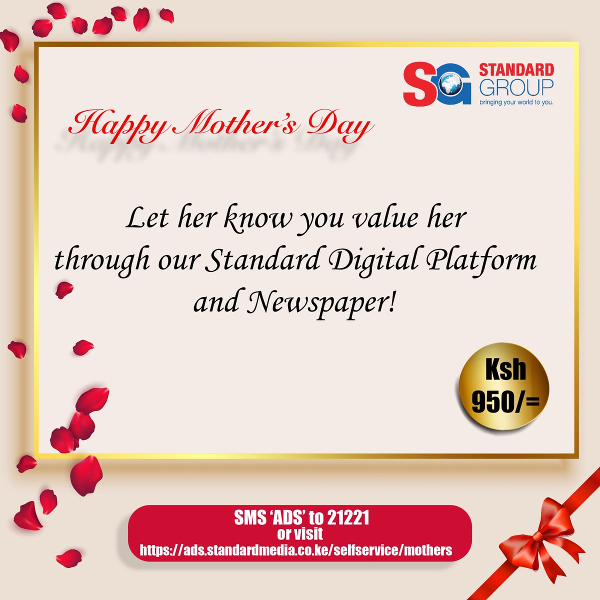 Make this #MothersDay one she'll always remember! Share your heartfelt tribute to Mom through our Standard Digital Platform and Newspaper for only Ksh 950! Let her know she's treasured. SMS ‘ads’ to 21221 or visit ads.standardmedia.co.ke/selfservice/mo… 📰