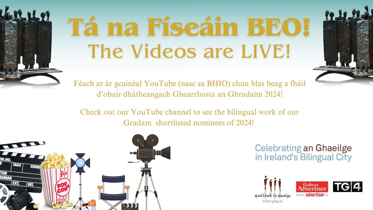 🍿Tá na físeáin BEO | Videos are LIVE! 🍿 Féach anseo ar ár gcainéal YouTube (nasc thíos) chun blas beag a fháil d’obair dhátheangach Ghearrliosta Ghradam Sheosaimh Uí Ógartaigh '24! 🎬 Check out our YouTube to see the bilingual work of the Gradam 2024: youtube.com/watch?v=Qu1RZE…
