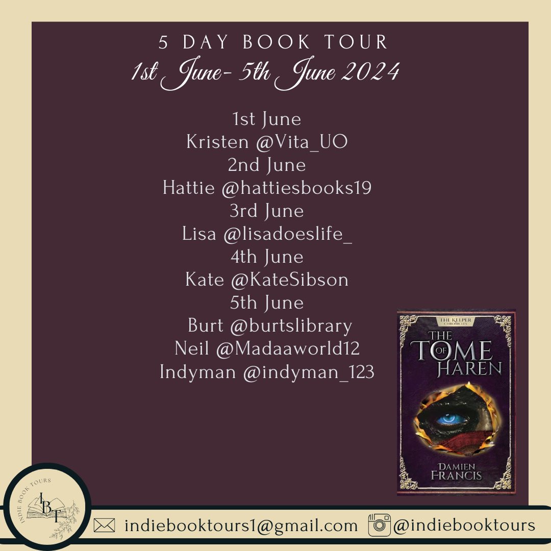 I’m super excited to be participating in a 5 day book tour by @indiebooktours1! The book being covered is none other than my favorite indie dark fantasy, “The Tome of Haren” by @DamienFrancisA1. A written interview will go live on June 1st over at @sffinsiders! 📚