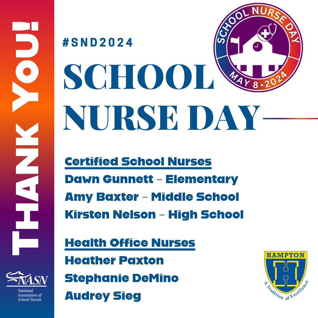 Today is National School Nurse Day! Join us in celebrating Hampton's healthcare heroes today and every day throughout the year. To our school nurses, we say 'Thank You!' #SND2024