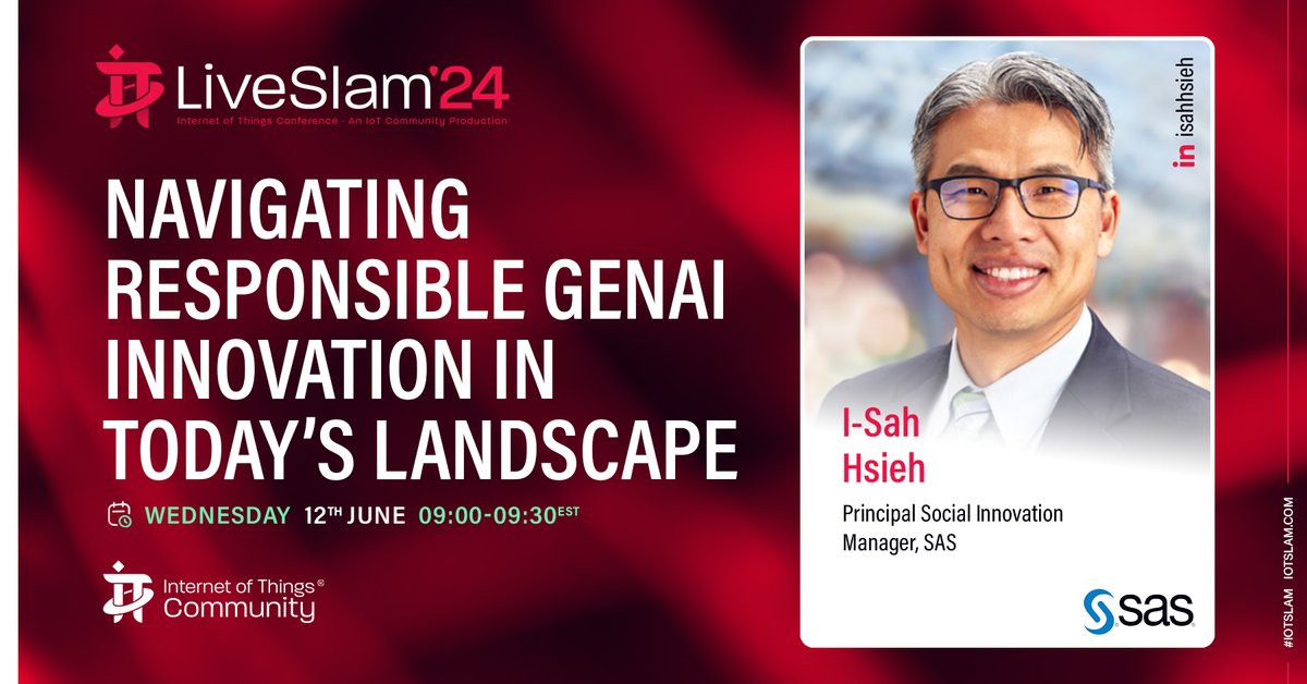 The #IoTCommunity is thrilled to announce this IoT Slam Live 2024 Headline Keynote presented by I-Sah Hsieh, Principal Social Innovation Manager, SAS. Join us on June 12th, LIVE from @SASsoftware HQ, Cary, NC & via LinkedIn Live. iotslam.com/session/naviga… #IoTSlam #IoT #GenAIoT