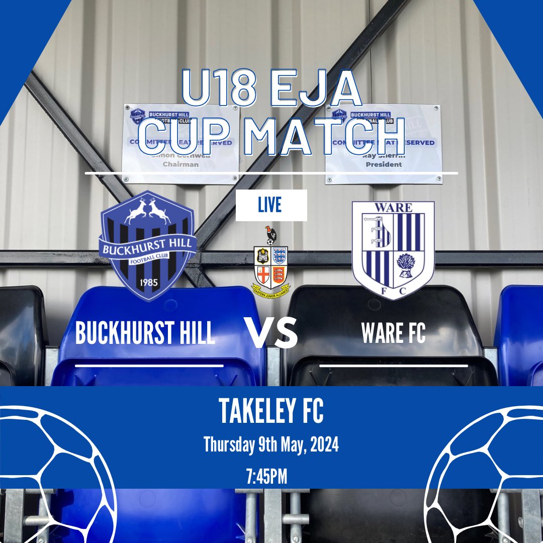 Tomorrow is Matchday for the upcoming 🦌‘s. The lads take on Ware U18 in the EJA cup final and are hoping to do the league and cup double. 

Excited to be doing Matchday updates for <a href="/buckhursthillfc/">Buckhurst Hill FC</a> tomorrow, this time for U18. Good luck to James &amp; all <a href="/BHFCEJA1/">Buckhurst Hill U18EJA (23/24 Season)</a> COYS⚫️🔵🦌👊